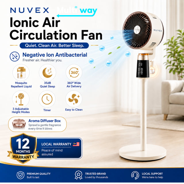 NUVEX Ionic Air Circulation Stand Fan – 35dB Quiet & 360° Air Delivery