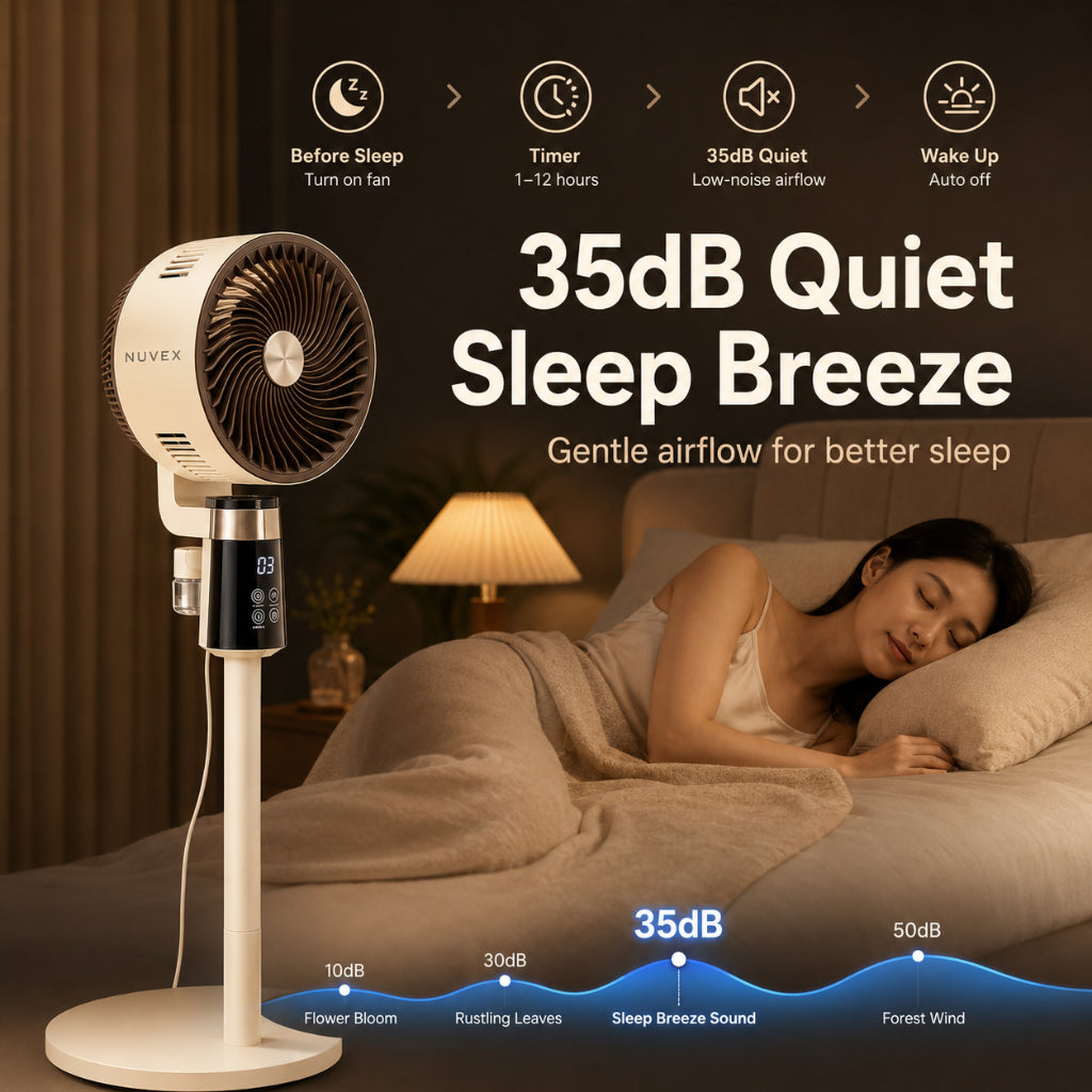 NUVEX Ionic Air Circulation Stand Fan – 35dB Quiet & 360° Air Delivery