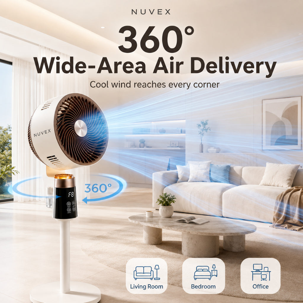 NUVEX Ionic Air Circulation Stand Fan – 35dB Quiet & 360° Air Delivery